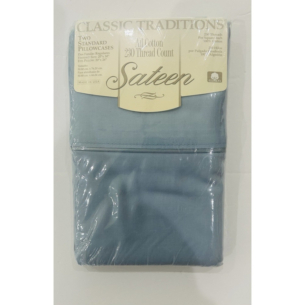 VTG Classic Traditions 2 Standard Sateen Pillowcases 100% Cotton USA Soft Blue